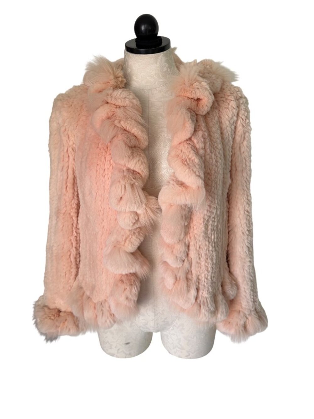 Y2K Rabbit Fur Cascading Ruffle Knit Open-front Jacket Size Medium Pink Glam